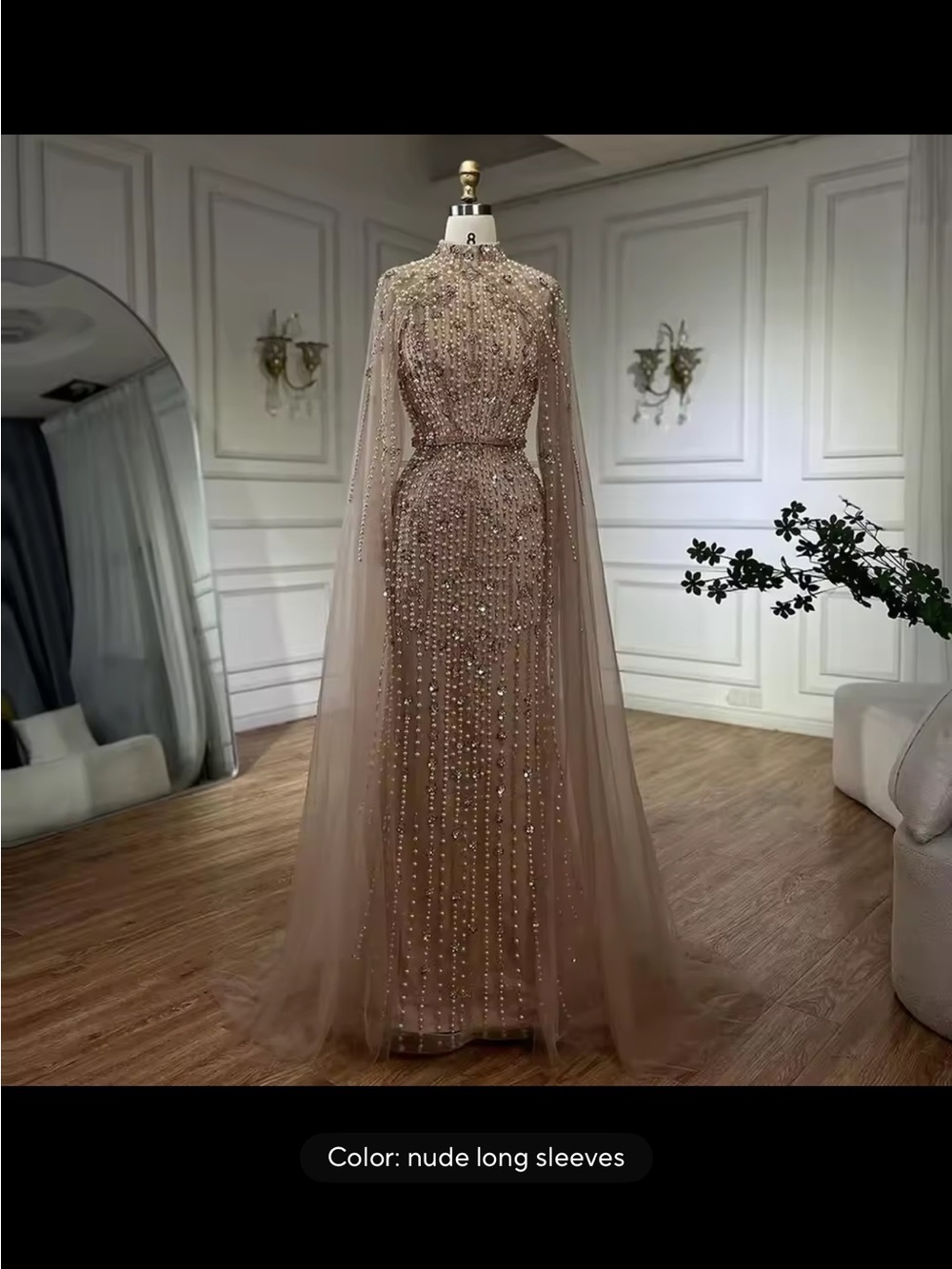 Elegant Nude Beaded High-Neck Evening Gown - Picture 4 of 4